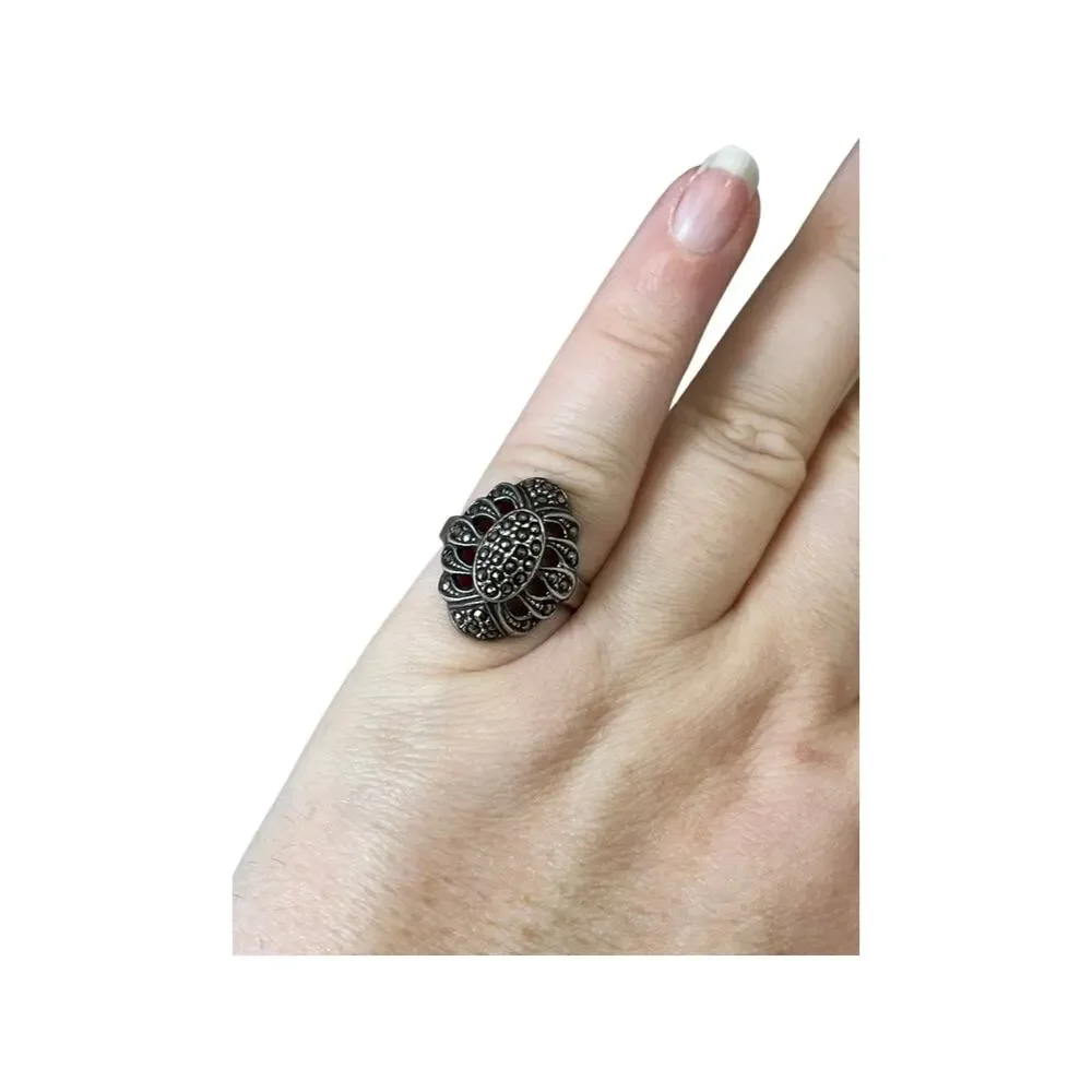 Sterling Silver Marcasite Ring, Vintage Marquis Ring Size 5.75